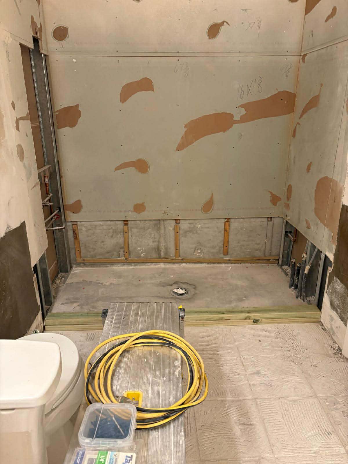 Demolition phase - old fixtures removed and walls stripped